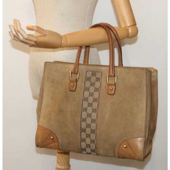 GUCCI Beige Canvas Nailhead Suede Tote with Dustbag 2000's Model 120897 - Picture 7 of 16